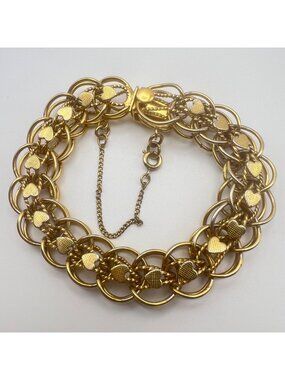 Gold Tone Heart Link Bracelet 7.25" Chunky Safety Chain Box Clasp Statement